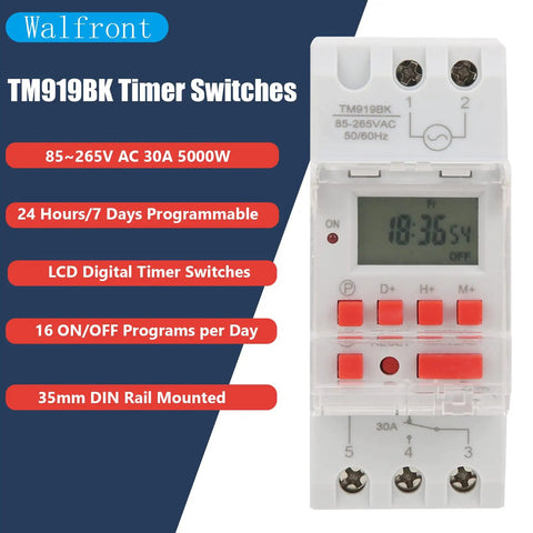 Programmable Digital Timer Switch 85 To 265V 30A With LCD Countdown Display, 24 Hours 7 Days Scheduling, 16 On Off Settings