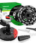 Dust Shroud For Angle Grinder 4.5 To 5 Inch With 360 Degree Detachable Connector Universal Fit Includes 2 Pack 5 Inch Diamond Cup Wheels Keeps Dust Down On Concrete Cement Marble Granite Surfaces shown with accessories and packaging.