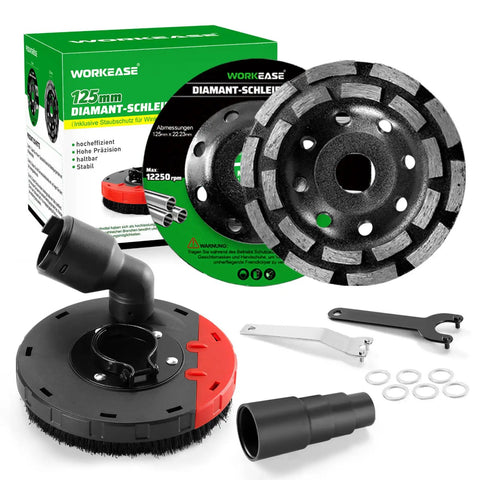 Dust Shroud For Angle Grinder 4.5 To 5 Inch With 360 Degree Detachable Connector Universal Fit Includes 2 Pack 5 Inch Diamond Cup Wheels Keeps Dust Down On Concrete Cement Marble Granite Surfaces shown with accessories and packaging.