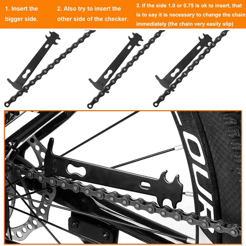Pro Grade Bike Chain Repair Tools Kit wear indicator tool used on a bicycle chain with step-by-step instructions visible.