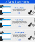 Diagram showing 3 scan modes of Portable 1D Wireless Barcode Scanner With 2.0 Inch LCD Screen And 2.4G Wireless Dongle Built In Charging Stand