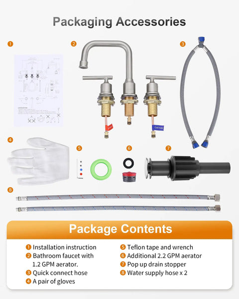 Packaging accessories for Two Handle 8 Inch Widespread High Arc Bathroom Faucet Brushed Nickel Sleek Look With Spot Resistant Finish
