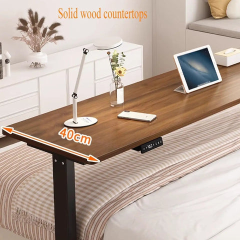 Stunning Electric Over Bed Table With Rolling Wheels And Adjustable Height, Perfect Versatile Standing Workstation Cart For Bedroom Home Office That Lifts Easy From Sitting To Standing With Spacious Storage Surface In Cool Grey Finish, showcasing solid wood countertop and 40cm width.