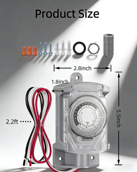 Straight Up Tough Outdoor Mechanical Timer Switch 24 Hour With 30 Minute Intervals For Backyard Lighting And Power Boxes 20 Amp 120 Volt Waterproof dimensions and included accessories
