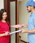 Courier delivering Light Pink Bubble Mailers 6x10 Inches, 100 Pack Self Seal Padded Envelopes, customer signing receipt.