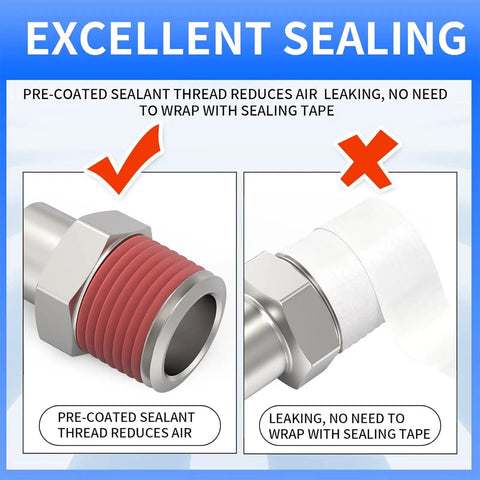 Comparison of Heavy Duty Industrial Air Plug Set For Air Compressors with pre-coated sealant showing effective sealing vs leaking without tape.