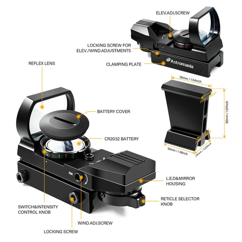 Red Dot Finderscope for Telescope Deluxe Viewfinder with Dovetail Bracket showing components and adjustments