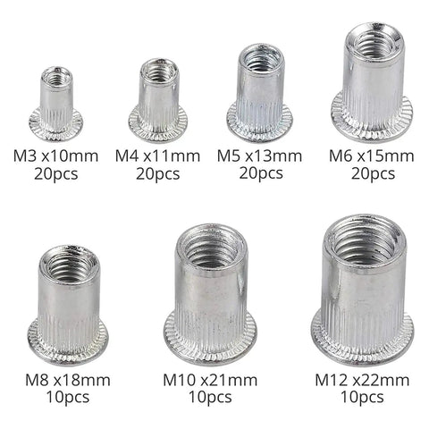 Super Handy Hand Rivet Nut Tool With Long Levers And Quick Swap Heads Plus A Full 110 Piece Kit Of Metric Rivets From M3 To M12 For Any Cool DIY Garage Upgrade Or Serious Auto Repair Job Today. Metric steel rivet nuts M3-M12, assorted sizes