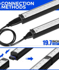 10W 1Ft Magnetic UV Blacklight LED Strip Kit showing connection methods with connecting cable, linkable black lights, 4 pack.