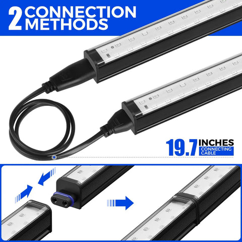 10W 1Ft Magnetic UV Blacklight LED Strip Kit showing connection methods with connecting cable, linkable black lights, 4 pack.