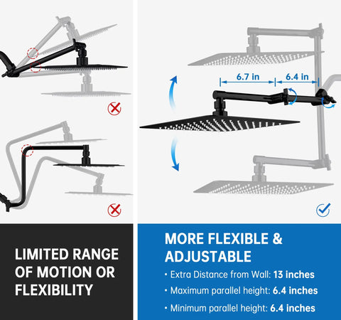 Infographic showing adjustable arm features of 10 Inch Rainfall Shower Head With Handheld Spray Combo In Matte Black Heavy Duty All Metal