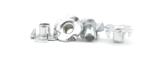 Tough As Nails Zinc Plated Carbon Steel Tee Nuts Four Pronged M4 X 6 5mm industrial fasteners in a group, showing silver finish.