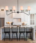 4 Light Kitchen Island Lighting Fixture Dope Modern Linear Chandelier Over Table Matte Black Finish With Linen Shades 41 Inch Wide