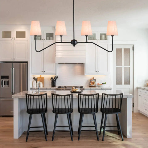 4 Light Kitchen Island Lighting Fixture Dope Modern Linear Chandelier Over Table Matte Black Finish With Linen Shades 41 Inch Wide