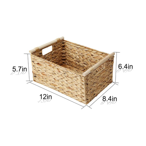 Natural Water Hyacinth Storage Baskets With Handles For Organizing Towels In Bathrooms And Your Go To Home Organizer, dimensions shown