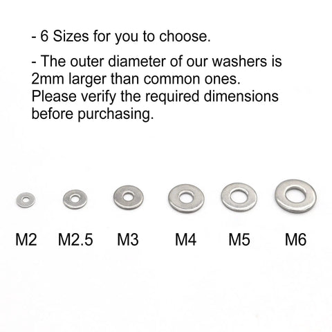 Big Time Heavy Duty M6 Flat Washers 14mm Outer Diameter Crafted From Top Notch 18 8 304 Stainless Steel For Hardware Bolts And Nuts Rust Resistant Lock Tight Fit 50 Count Bulk Pack displayed in six sizes.