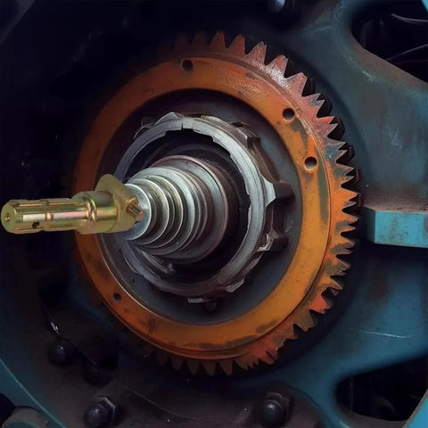 Heavy Duty Pto Shaft Extender Adapter One Three Four Inch Six Spline Male To Female Tractor Implement Replacement Assembly close-up showing gear and driveshaft