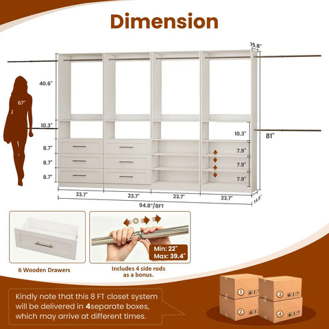 Dimensions of Modular Closet System With Six Drawers And Ten Open Shelves Housing Eight Hanging Rods creating a custom walk in closet.