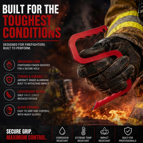 Firefighter Multitool Rescue Tool With Window Breaker And Spanner Wrench in use, aluminum alloy, ergonomic design for first responders