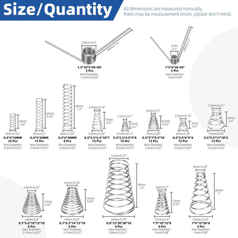 Different sizes and types of springs from Tower Conical Spring Set 148-Piece With Assorted Taper Springs In 0.3 0.4 0.5 0.7 0.8 1.0 1.5mm illustrated.