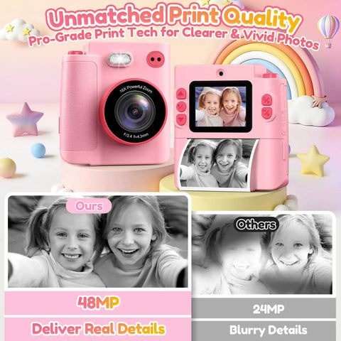 Kids Camera With Instant Print No Ink Thermal Photo Printer Pink For Ages 3 To 12, Easy Snap And Share, 48MP display