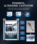 Infographic of 30L Ultrasonic Cleaner With Degas Mode And 600W Heater 40 KHz Power For Grime Bustin Fast Thorough Cleaning Of Auto Parts Tools Glasses 7.9 Gallon Tank 30 Minute Timer Heavy Duty Cleaning Machine showing cavitation process and features.