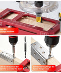 Heavy Duty Door Hinge Jig And Lock Installation Kit Aluminum Alloy Router Template For Hinge Mortising No Sweat Setup Fits Standard Interior Doors showing router bit cutting hinge mortises.
