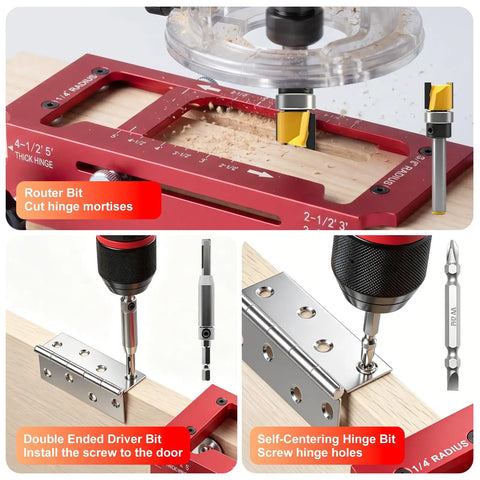 Heavy Duty Door Hinge Jig And Lock Installation Kit Aluminum Alloy Router Template For Hinge Mortising No Sweat Setup Fits Standard Interior Doors showing router bit cutting hinge mortises.