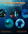 Underwater divers using upgraded dive signal light bright red submersible mini tank marker beacon with constant and slow flash modes.