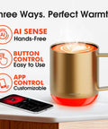 Smart Self Heating Coffee Mug With 12 Oz Capacity And Ai Auto Warm Tech Features Music Reactive Ambient Lights displayed on table with phone.