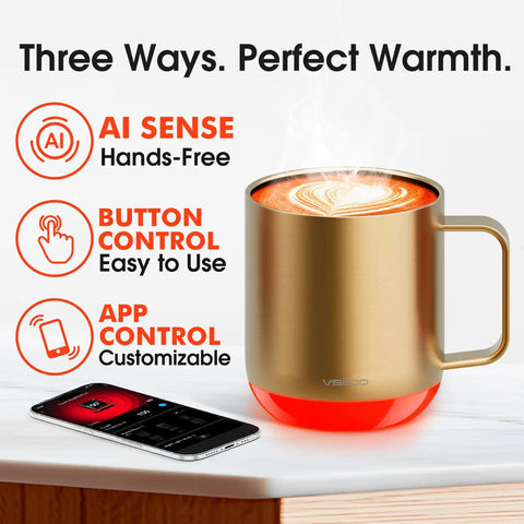 Smart Self Heating Coffee Mug With 12 Oz Capacity And Ai Auto Warm Tech Features Music Reactive Ambient Lights displayed on table with phone.