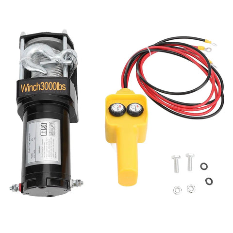 Durable 12V Electric Winch Kit With 3000lbs Load Bearing Power For Heavy Duty Towing and Off Road Rescue Jobs On Jeeps Trucks and ATVs featuring a control switch.
