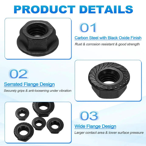 15 Pcs Serrated Flange Hex Nut Set M10 1.5 Coarse Thread Carbon Steel Black Oxide Workhorse Lock Nuts details