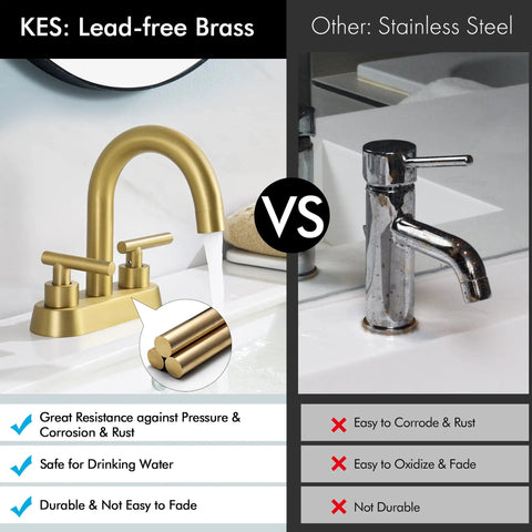 Comparison of Brushed Gold Bathroom Faucet For Modern Vanities, 4-Inch Centerset Design with stainless steel faucet, highlighting durability.