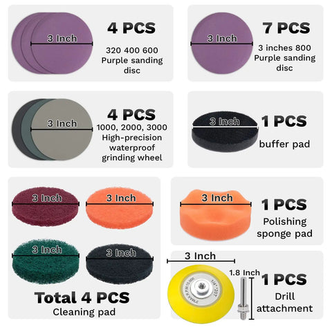 Components of All In One Car Headlight Restoration Kit For Any Vehicle Includes 38 Piece Polishing And Cleaning Set With 3 Inch Discs Sanding Pads Scouring Pads And Drill Compatible Universal Headlight Renewal For Clear Bright Night Driving