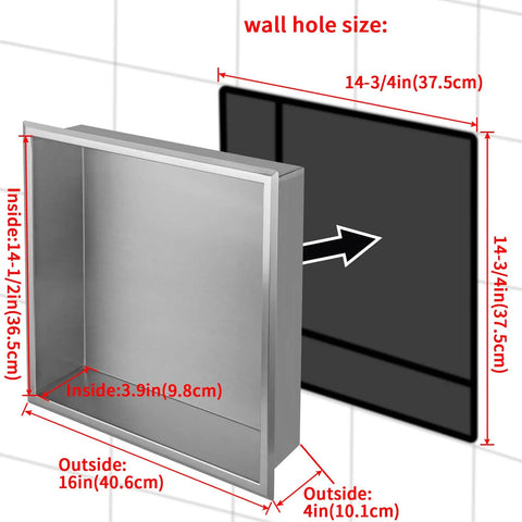 Shower Niche Organizer In Brushed Stainless Steel, Recessed Caddy And Bathroom Shelf Insert For 14-3/4 Inch Square Wall Hole, Rustproof 304 Stainless, Seamless Weld, Nickel Finish For Wet Rooms
