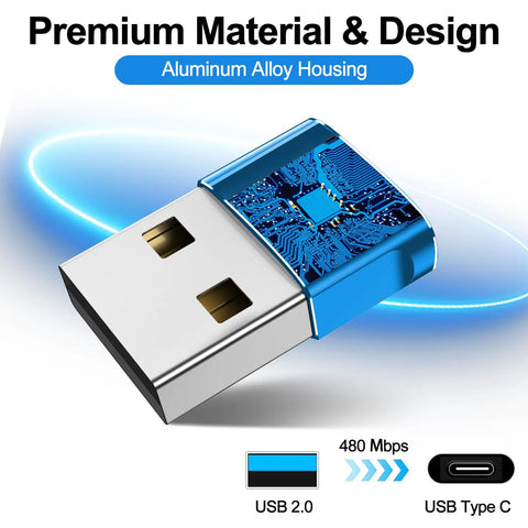 USB C Female To USB A Male Car OTG Adapter for Charging and Data, blue aluminum alloy housing, USB 2.0 connector, circuit design visible