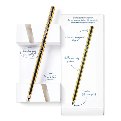 Plug And Play Digital Stylus Pen With Snug Hex Grip For Silky Smooth Writing On All Touchscreens resting in packaging, showcasing its features.