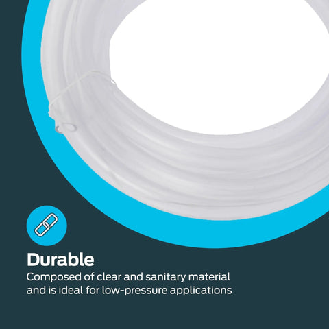 Clear PVC Vinyl Tubing 3/8 In ID 1/2 In OD, 10 ft coiled, suitable for low-pressure transfer in beverage dispensers and aquariums.