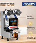Fully Automatic Cup Sealing Machine With LCD Display For Bubble Tea And Coffee, No Fuss And Ultra Fast Sealing At 500 To 650 Cups Per Hour, Adjustable 88 To 95 Millimeter Cups, Electric Silver Finish with manual/auto switch visible