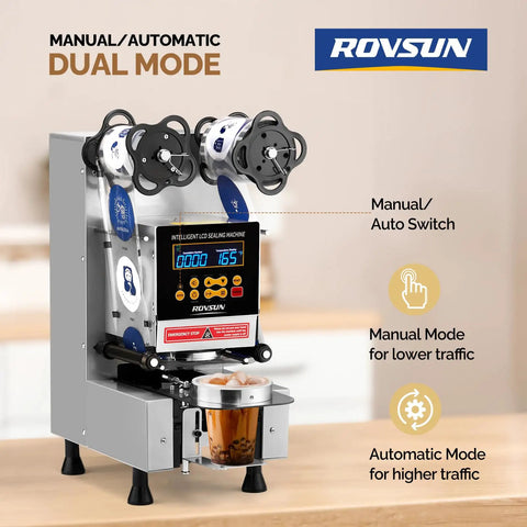 Fully Automatic Cup Sealing Machine With LCD Display For Bubble Tea And Coffee, No Fuss And Ultra Fast Sealing At 500 To 650 Cups Per Hour, Adjustable 88 To 95 Millimeter Cups, Electric Silver Finish with manual/auto switch visible