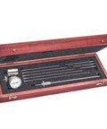 Crankshaft Distortion Dial Gauge With Balancing Attachment, white face, 2.375 to 18 inches range, in wooden case with attachments.