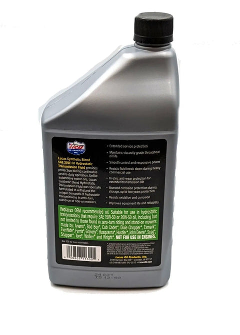 5 Quart 20W-50 Hydrostatic Transmission Fluid Change Kit bottle with label details and black cap, rear view.