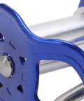 Close-up of the Heavy Duty Zip Line Trolley For Cable With Quick Setup Rope Slider And Carabiner Outdoor Backyard Playground Gear For Kids 5 And Up Sturdy Pulleys For Safe Fun And Easy Install In The Yard, showcasing a blue metal pulley and bolt detail.