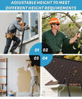 Telescoping Ladder Eight And A Half Foot Extension Ladder With Easy Fold One Step Collapsible Design For RV Home And Outdoor Use Aluminum Build Lightweight Yet Sturdy Supports Up To 330 Lbs. shown in use for window, tree, painting, and roof work