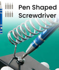 Blue pen-shaped screwdriver with extra tips on display.