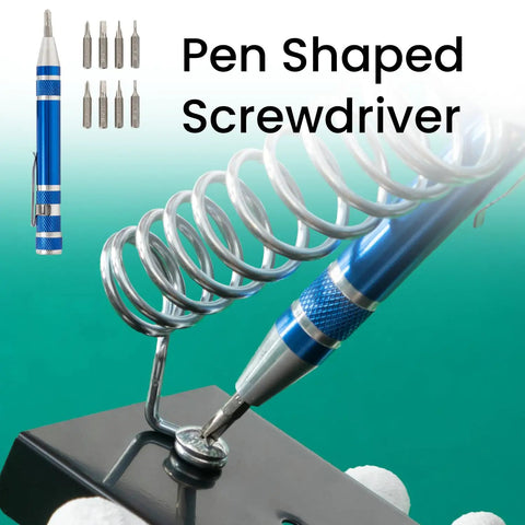 Blue pen-shaped screwdriver with extra tips on display.