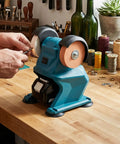 Beefed Up Mini Bench Grinder With Dual Grinding Wheels and Rock Steady Portable Cordless Frame Featuring Suction Grip Base for No Fuss Sharpening in Workshop