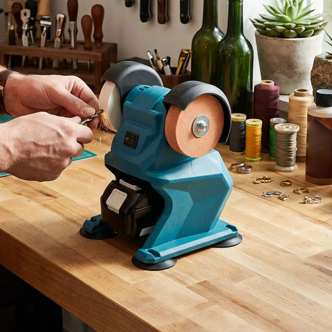 Beefed Up Mini Bench Grinder With Dual Grinding Wheels and Rock Steady Portable Cordless Frame Featuring Suction Grip Base for No Fuss Sharpening in Workshop