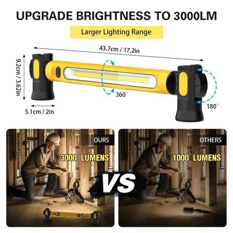 Magnetic LED Work Light Bar With 6000mAh Battery And 3000LM Brightness, 17.2in length, 360 Degree Adjustable Mounting